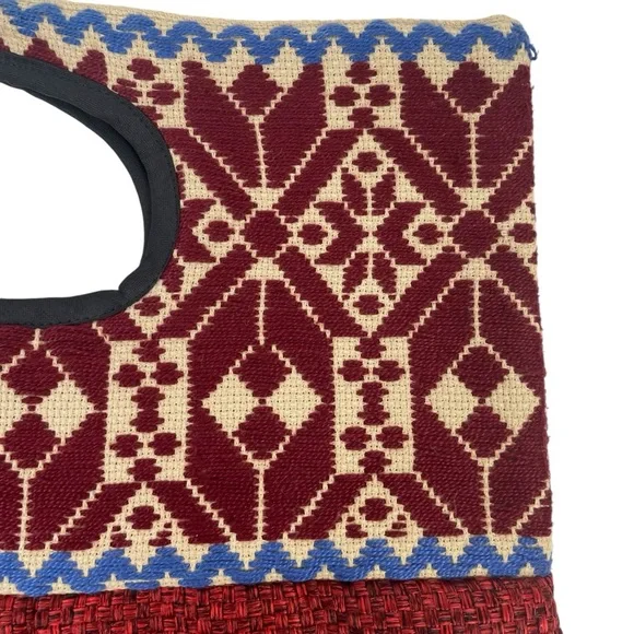 Boho Embroidered Tweed Hobo Hand Bag Pleated Burnt Red Orange Blue - Picture 2 of 6